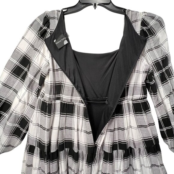 Maison Tara Plaid Tiered Dress Black White Lined Babydoll Back Zipper Short 4 - Picture 6 of 14